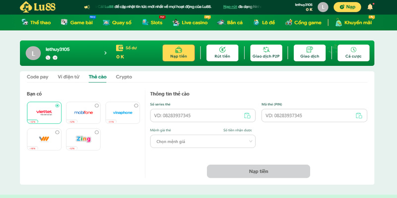 Nạp tiền Lu88 giúp người chơi có một khoản vốn nhất định